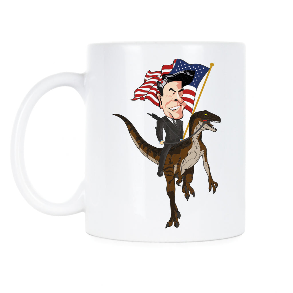 Ronald Reagan Riding a Velociraptor Mug Ronald Reagan Mug