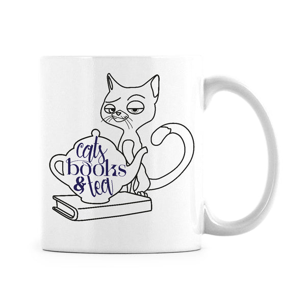 cats books and tea mug