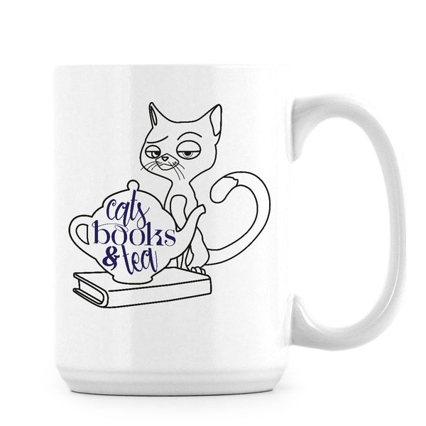 cats books and tea mug